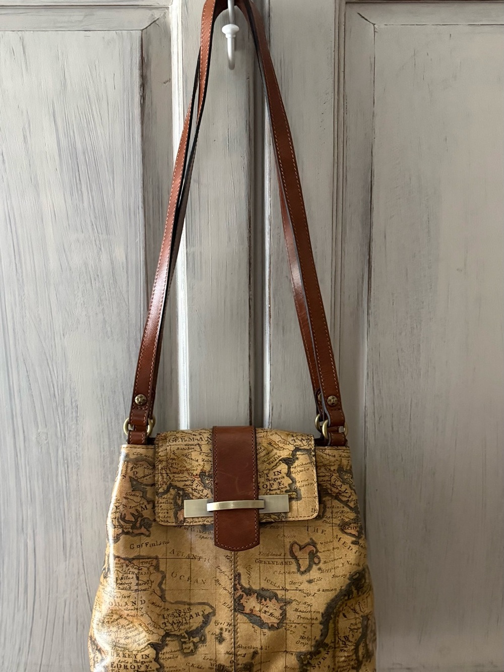 Patricia Nash Tan/Brown Leather Map-Print Shoulder Bag